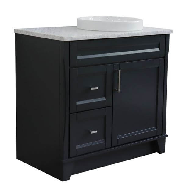 37" Single sink vanity in Dark Gray finish with White Carrara marble and LEFT round sink- RIGHT drawers - 400700-37R-DG-WMRDR