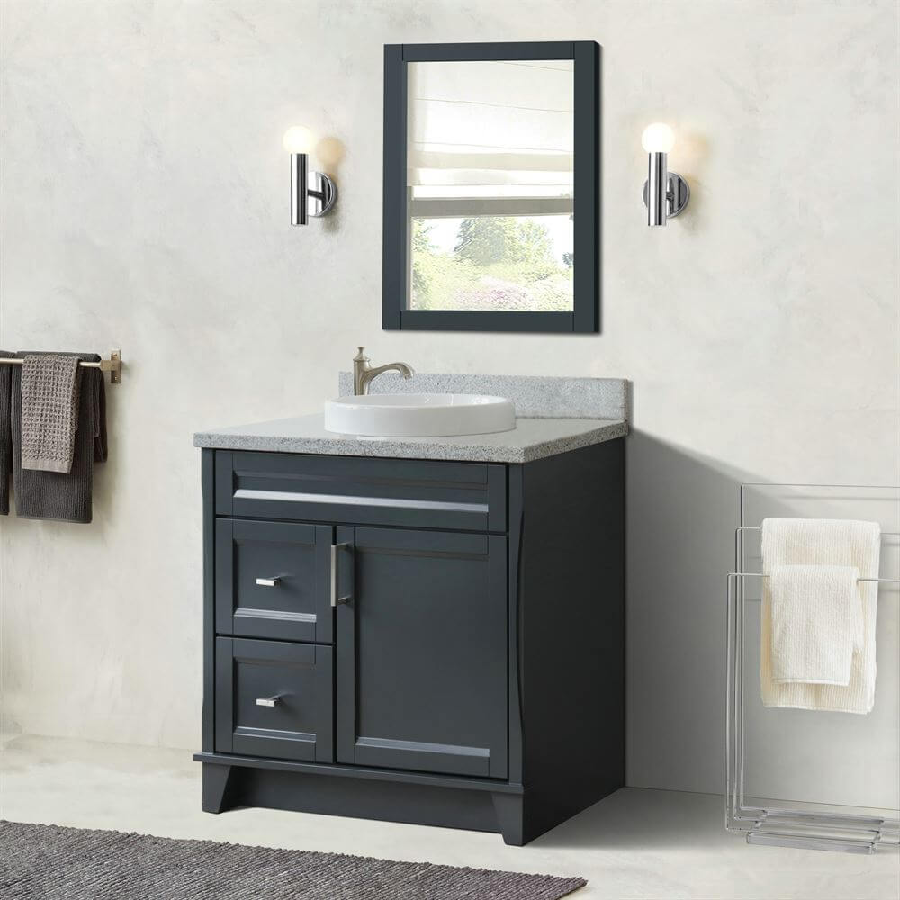 37" Single sink vanity in Dark Gray finish with Gray granite and CENTER round sink- RIGHT drawers - 400700-37R-DG-GYRDC