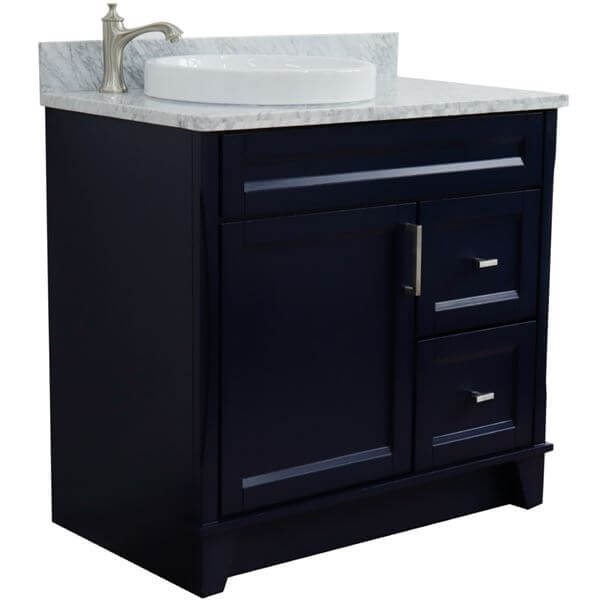 37" Single sink vanity in Blue finish with White Carrara marble and Left door/Round Left sink - 400700-37L-BU-WMRDL