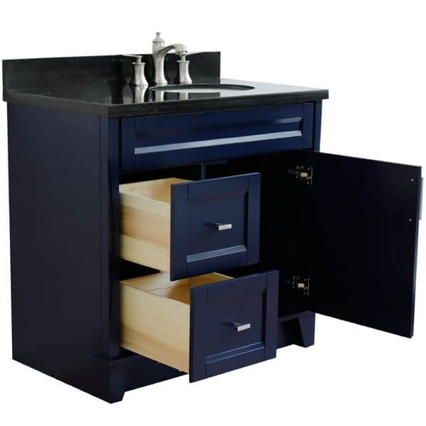 37" Single sink vanity in Blue finish with Black galaxy granite and LEFT oval sink- RIGHT drawers - 400700-37R-BU-BGOR