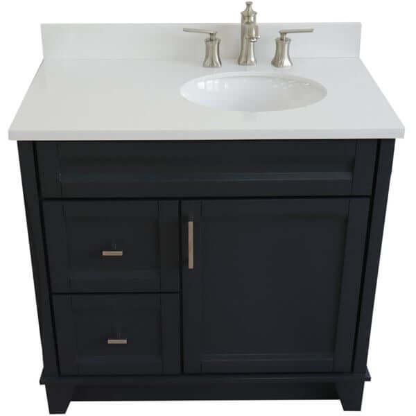 37" Single sink vanity in Dark Gray finish with White quartz and LEFT oval sink- RIGHT drawers - 400700-37R-DG-WEOR