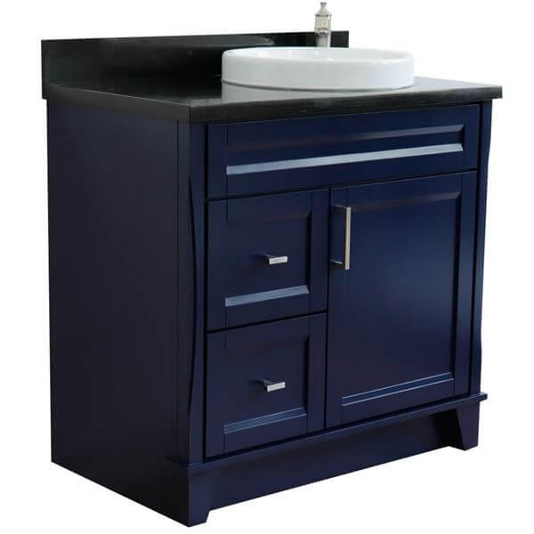 37" Single sink vanity in Blue finish with Black galaxy granite and LEFT round sink- RIGHT drawers - 400700-37R-BU-BGRDR