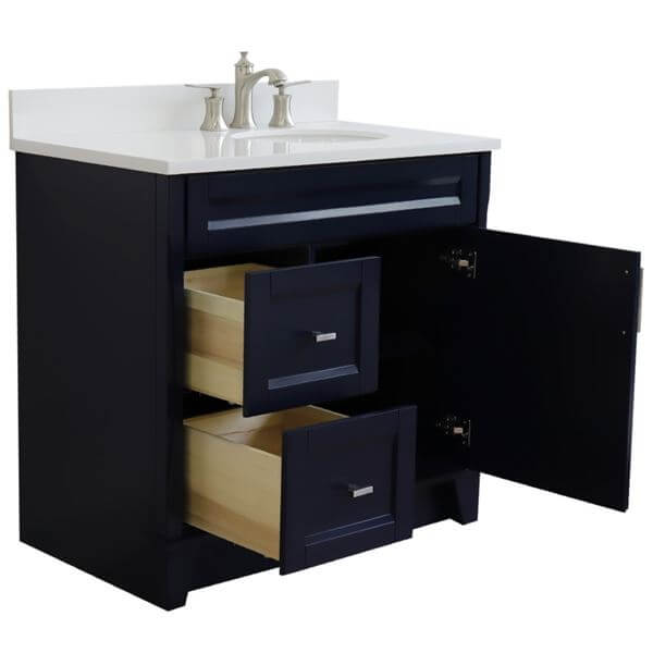 37" Single sink vanity in Blue finish with White quartz and LEFT oval sink- RIGHT drawers - 400700-37R-BU-WEOR