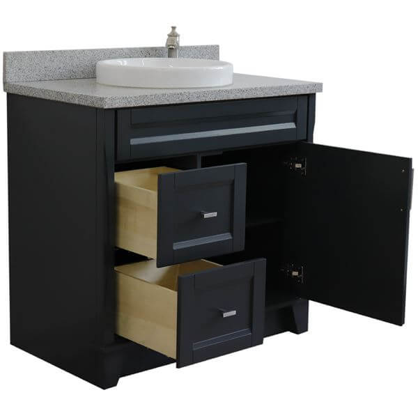 37" Single sink vanity in Dark Gray finish with Gray granite and CENTER round sink- RIGHT drawers - 400700-37R-DG-GYRDC