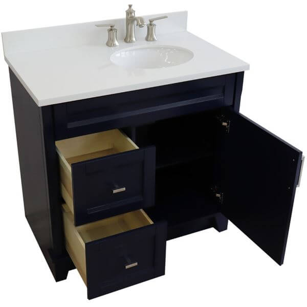 37" Single sink vanity in Blue finish with White quartz and LEFT oval sink- RIGHT drawers - 400700-37R-BU-WEOR