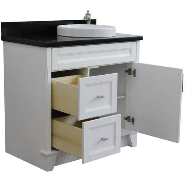 37" Single sink vanity in White finish with Black galaxy granite and LEFT round sink- RIGHT drawers - 400700-37R-WH-BGRDR