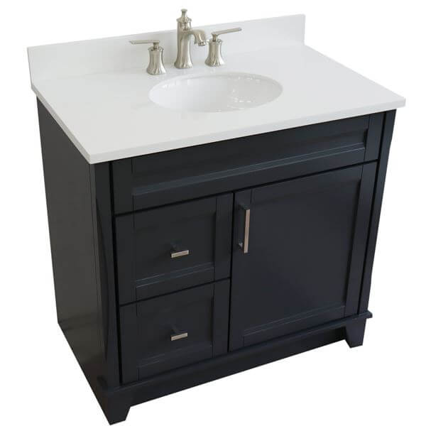 37" Single sink vanity in Dark Gray finish with White quartz and CENTER oval sink- RIGHT drawers - 400700-37R-DG-WEOC