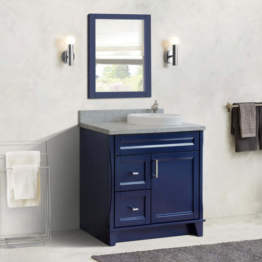 37" Single sink vanity in Blue finish with Gray granite and LEFT round sink- RIGHT drawers - 400700-37R-BU-GYRDR