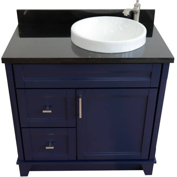 37" Single sink vanity in Blue finish with Black galaxy granite and LEFT round sink- RIGHT drawers - 400700-37R-BU-BGRDR