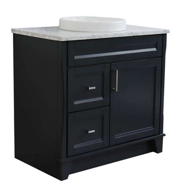 37" Single sink vanity in Dark Gray finish with White Carrara marble and CENTER round sink- RIGHT drawers - 400700-37R-DG-WMRDC