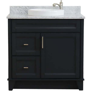 37" Single sink vanity in Dark Gray finish with White Carrara marble and CENTER round sink- RIGHT drawers - 400700-37R-DG-WMRDC