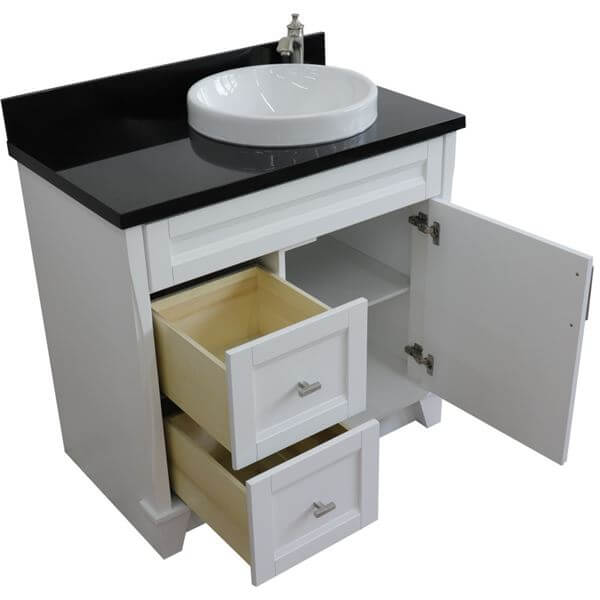 37" Single sink vanity in White finish with Black galaxy granite and LEFT round sink- RIGHT drawers - 400700-37R-WH-BGRDR