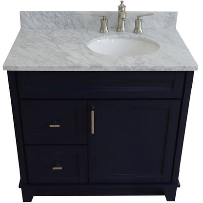 37" Single sink vanity in Blue finish with White Carrara marble and LEFT oval sink- RIGHT drawers - 400700-37R-BU-WMOR