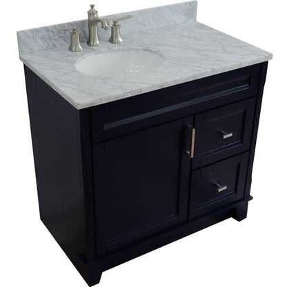 37" Single sink vanity in Blue finish with White Carrara marble and Left door/Left sink - 400700-37L-BU-WMOL