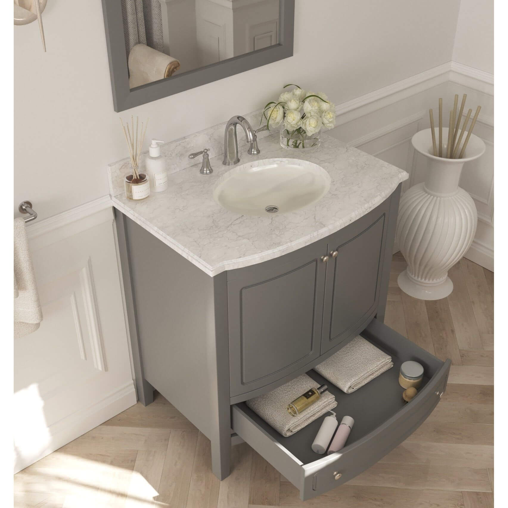 Estella 32" Grey Bathroom Vanity with White Carrara Marble Countertop - 3130709-32G-WC