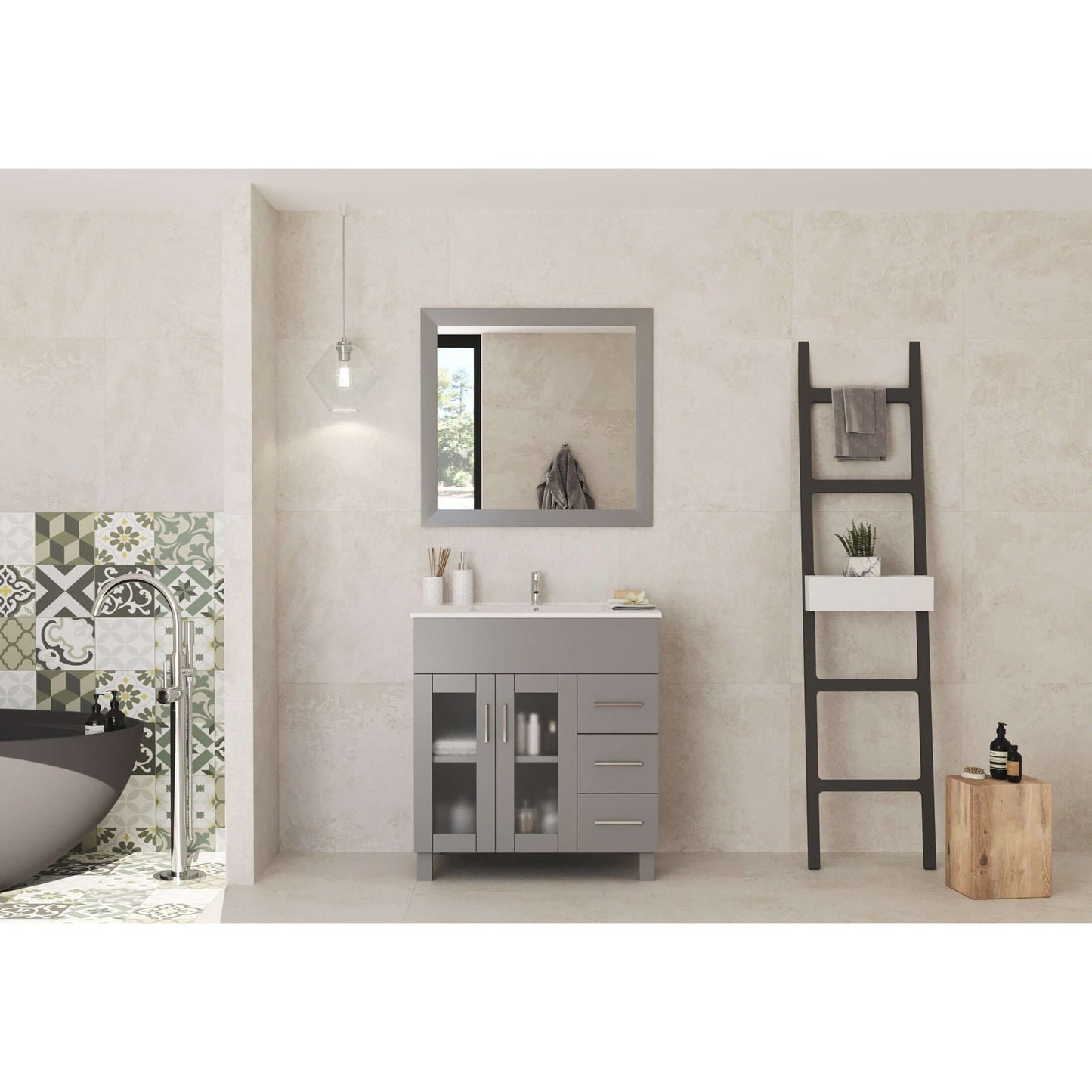 Nova 32" Grey Bathroom Vanity with White Ceramic Basin Countertop - 31321529-32G-CB