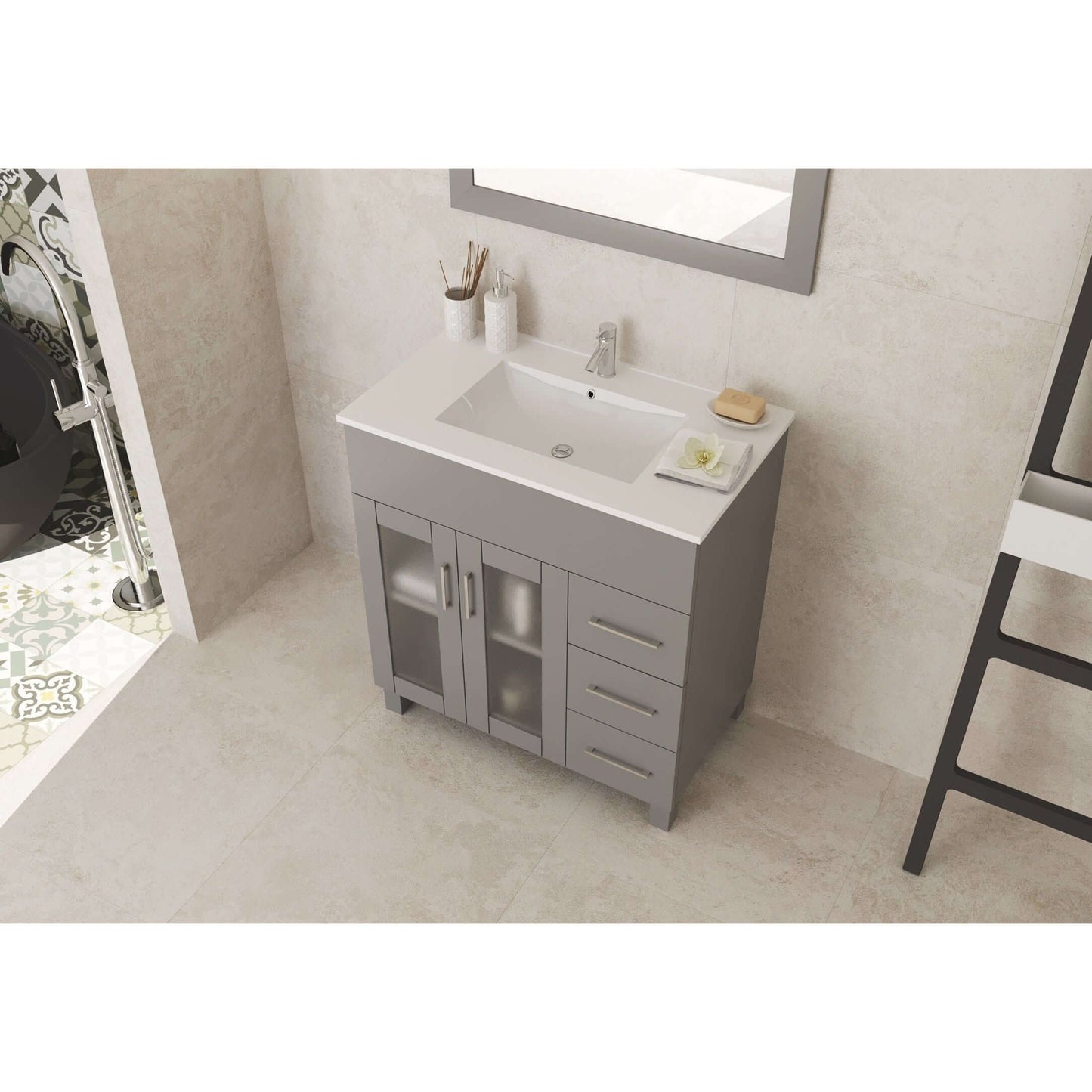 Nova 32" Grey Bathroom Vanity with White Ceramic Basin Countertop - 31321529-32G-CB