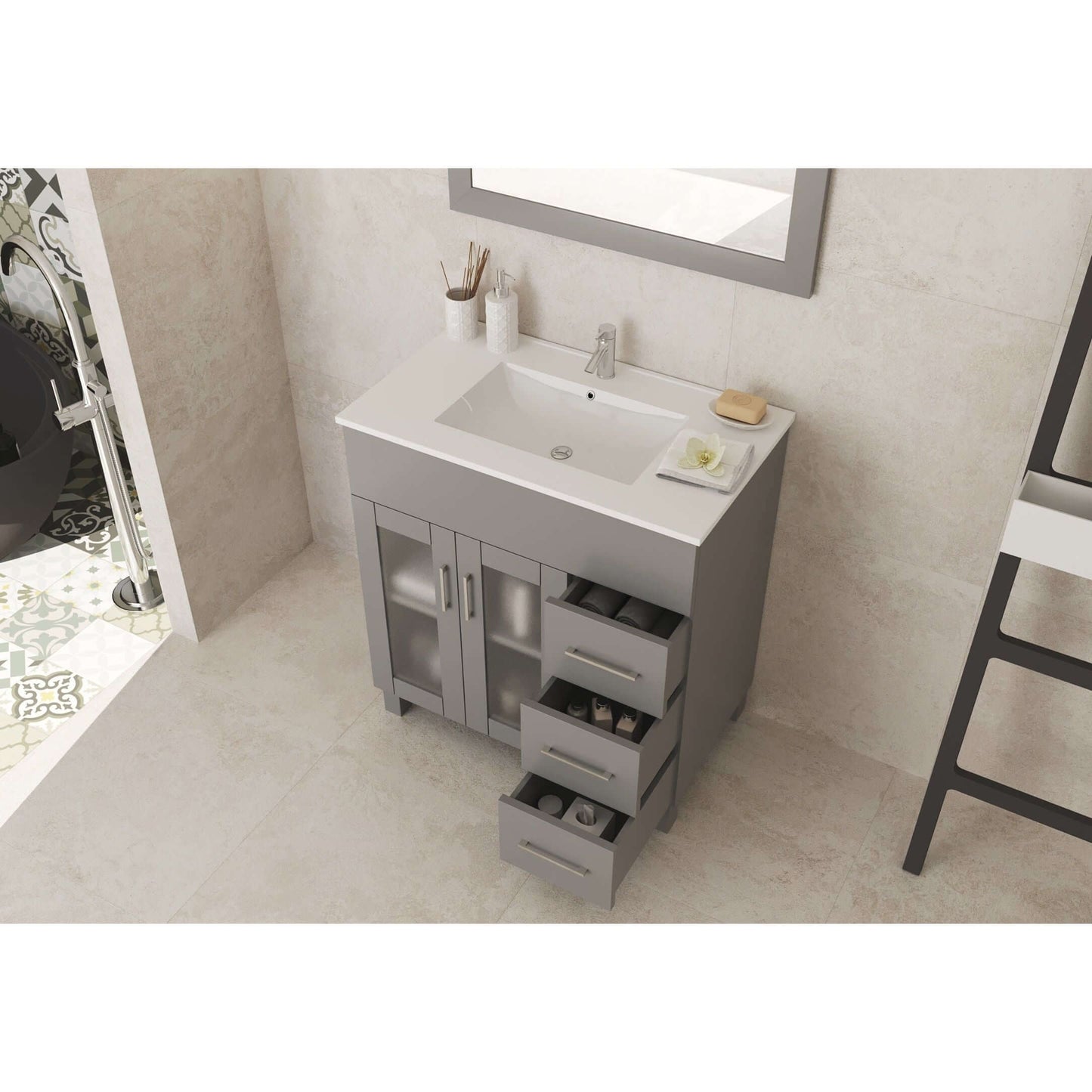 Nova 32" Grey Bathroom Vanity with White Ceramic Basin Countertop - 31321529-32G-CB