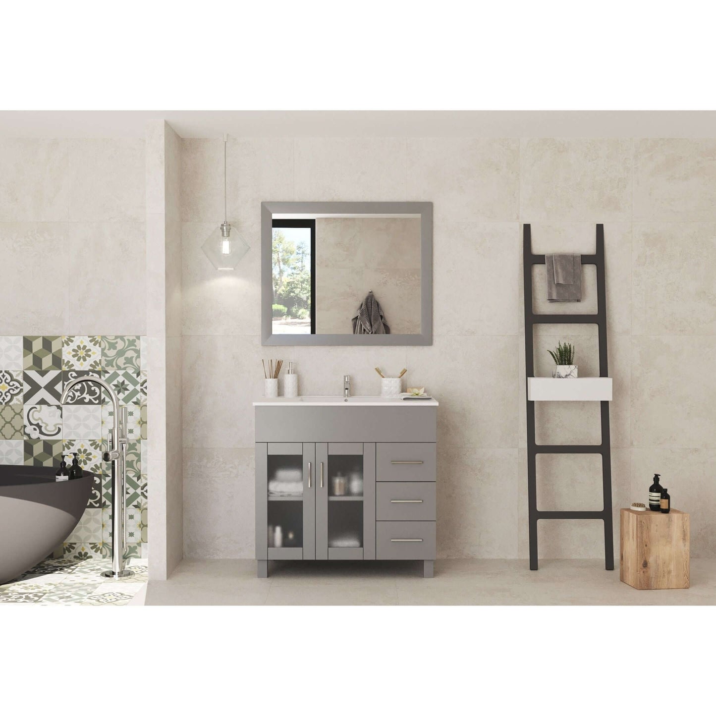 Nova 36" Grey Bathroom Vanity with White Ceramic Basin Countertop - 31321529-36G-CB