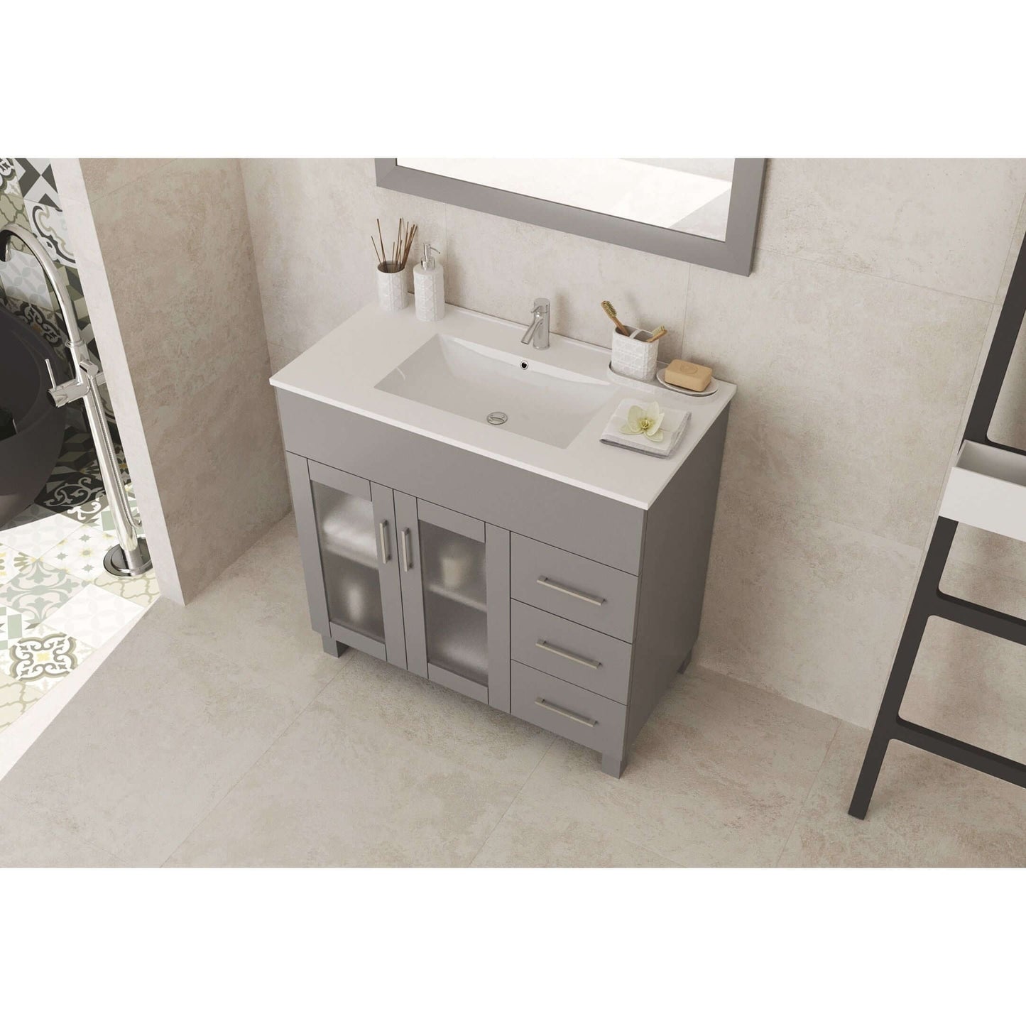 Nova 36" Grey Bathroom Vanity with White Ceramic Basin Countertop - 31321529-36G-CB