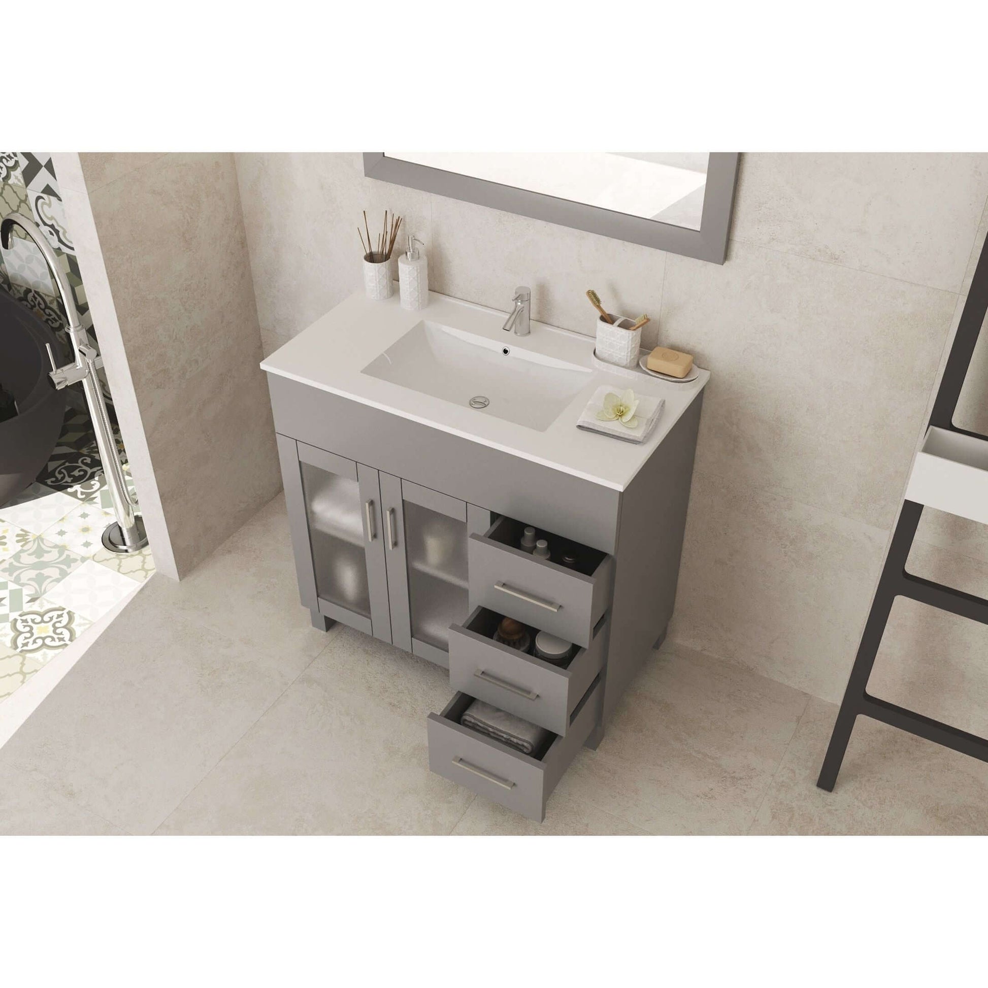 Nova 36" Grey Bathroom Vanity with White Ceramic Basin Countertop - 31321529-36G-CB