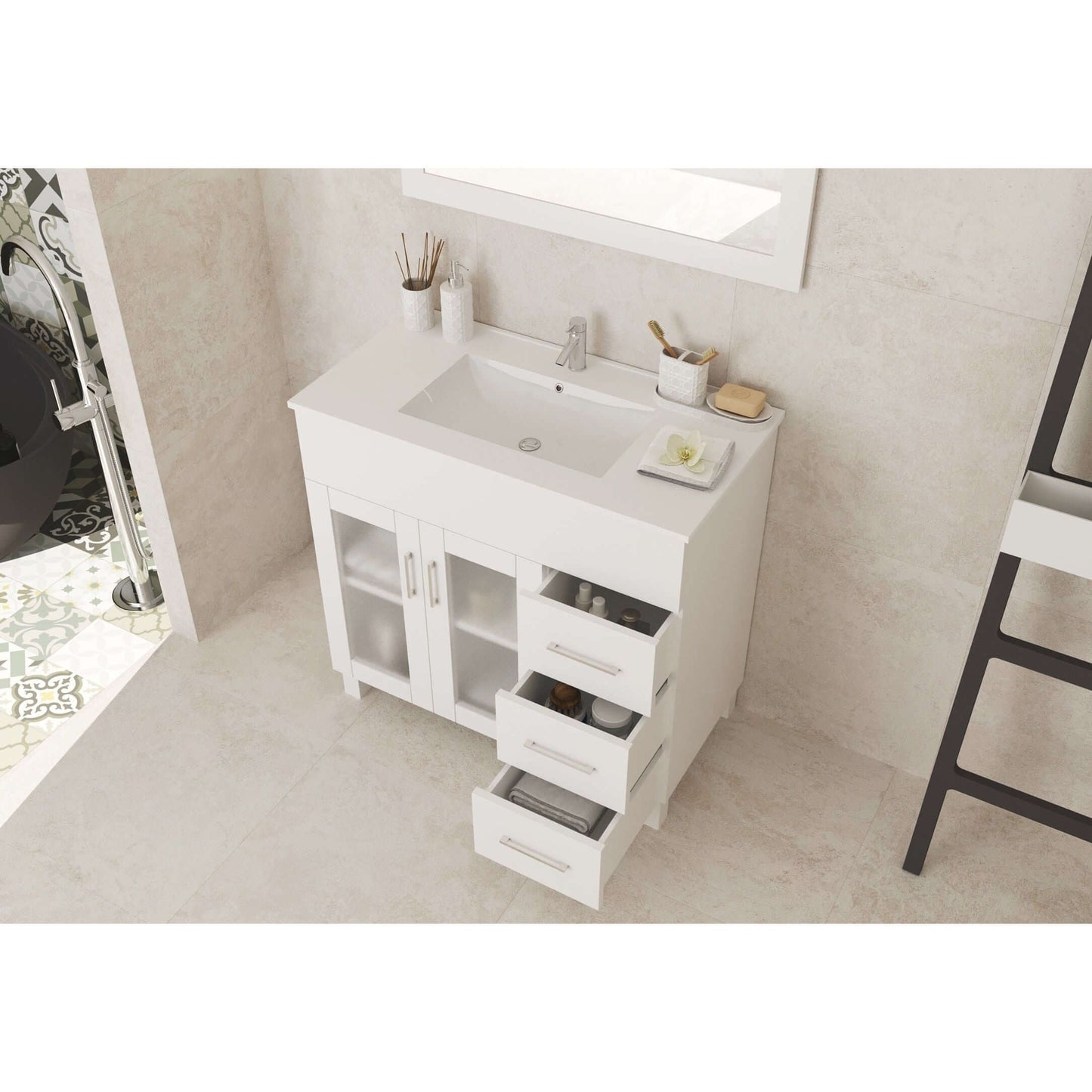 Nova 36" White Bathroom Vanity with White Ceramic Basin Countertop - 31321529-36W-CB