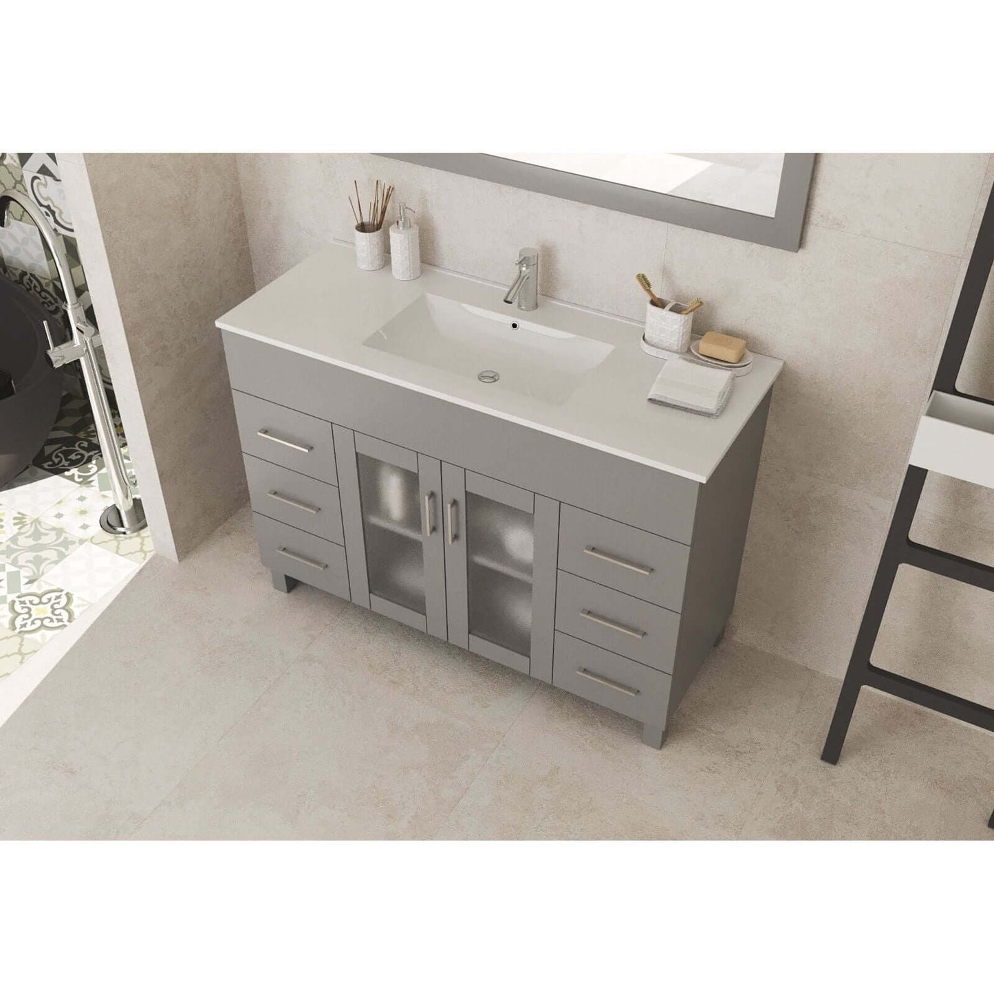 Nova 48" Grey Bathroom Vanity with White Ceramic Basin Countertop - 31321529-48G-CB