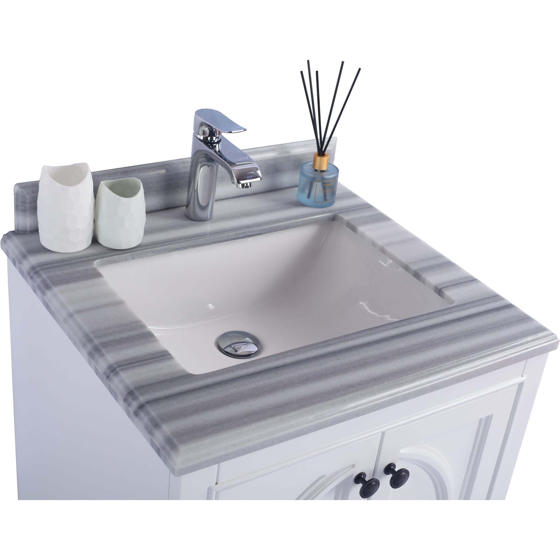 Odyssey 24" White Bathroom Vanity with White Stripes Marble Countertop - 313613-24W-WS