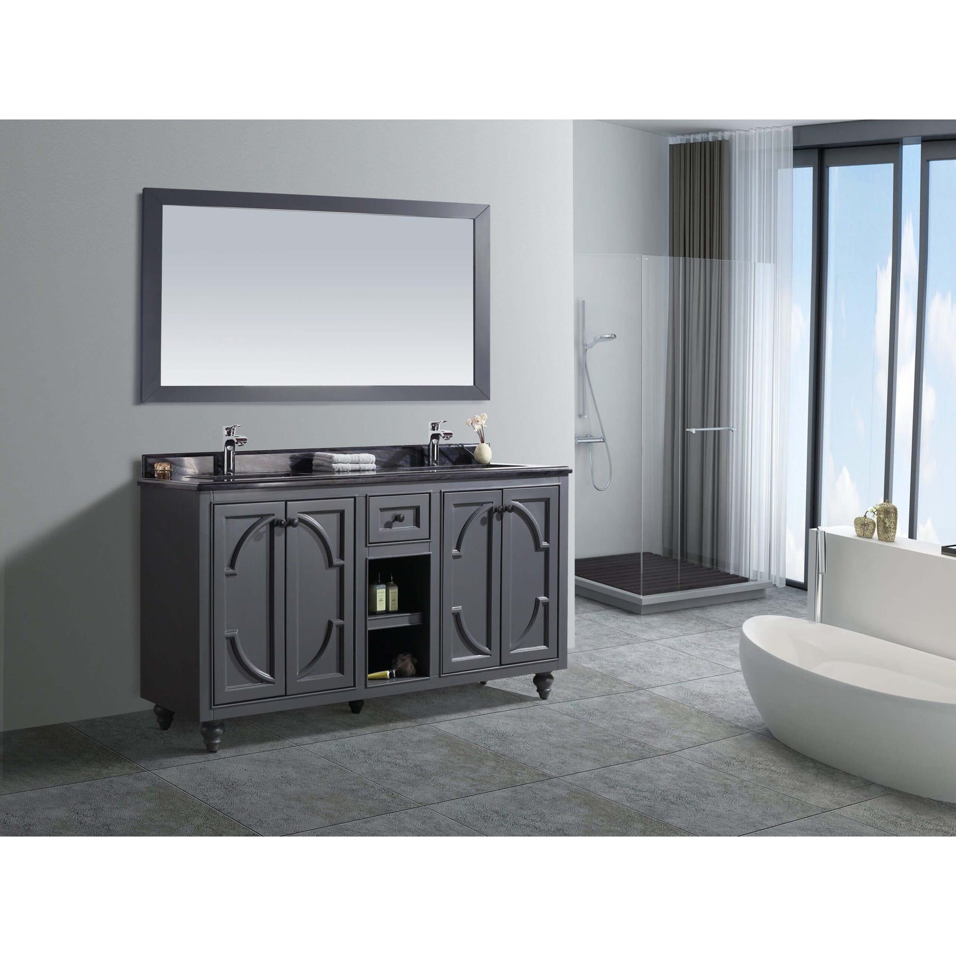 Odyssey 60" Maple Grey Double Sink Bathroom Vanity with Black Wood Marble Countertop - 313613-60G-BW