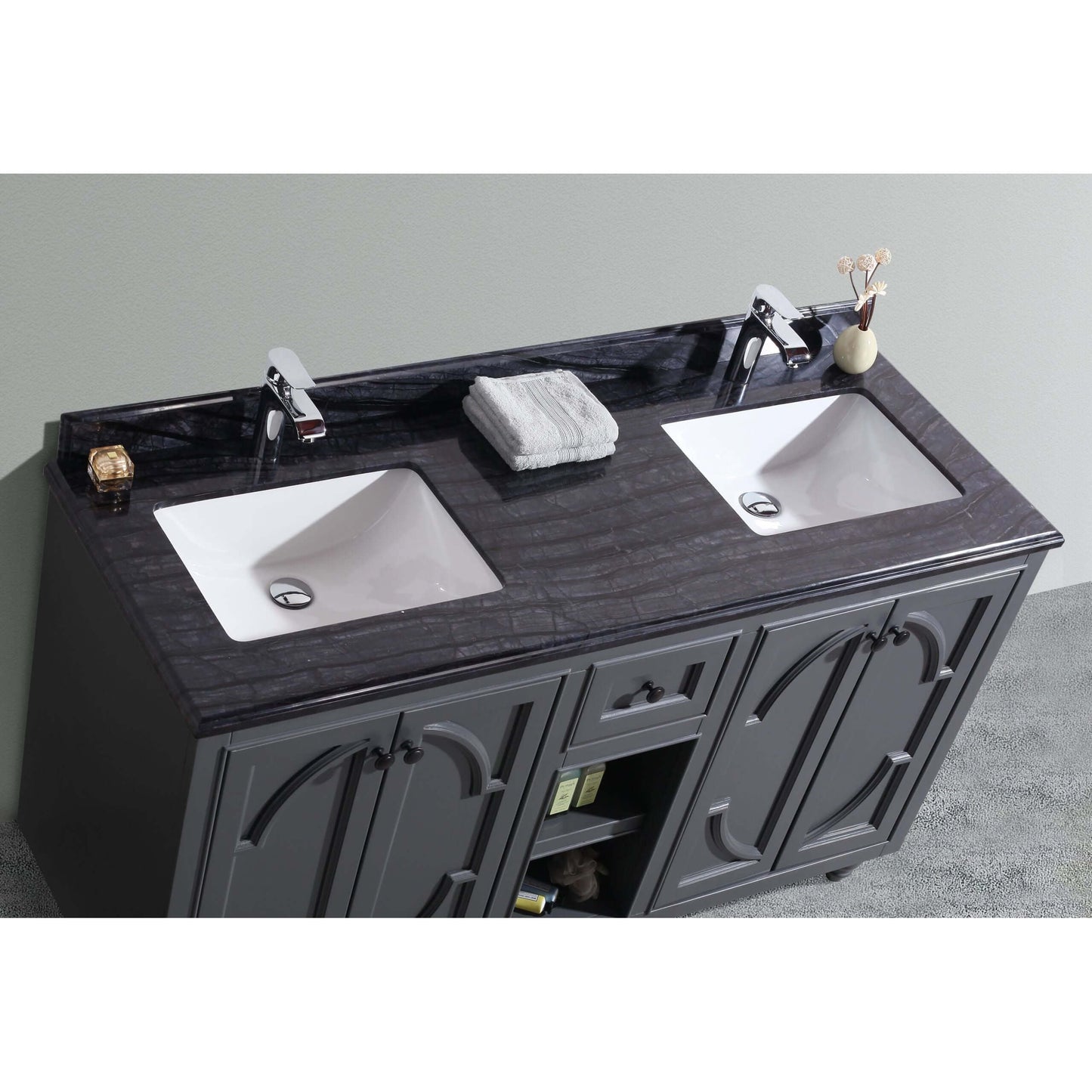 Odyssey 60" Maple Grey Double Sink Bathroom Vanity with Black Wood Marble Countertop - 313613-60G-BW