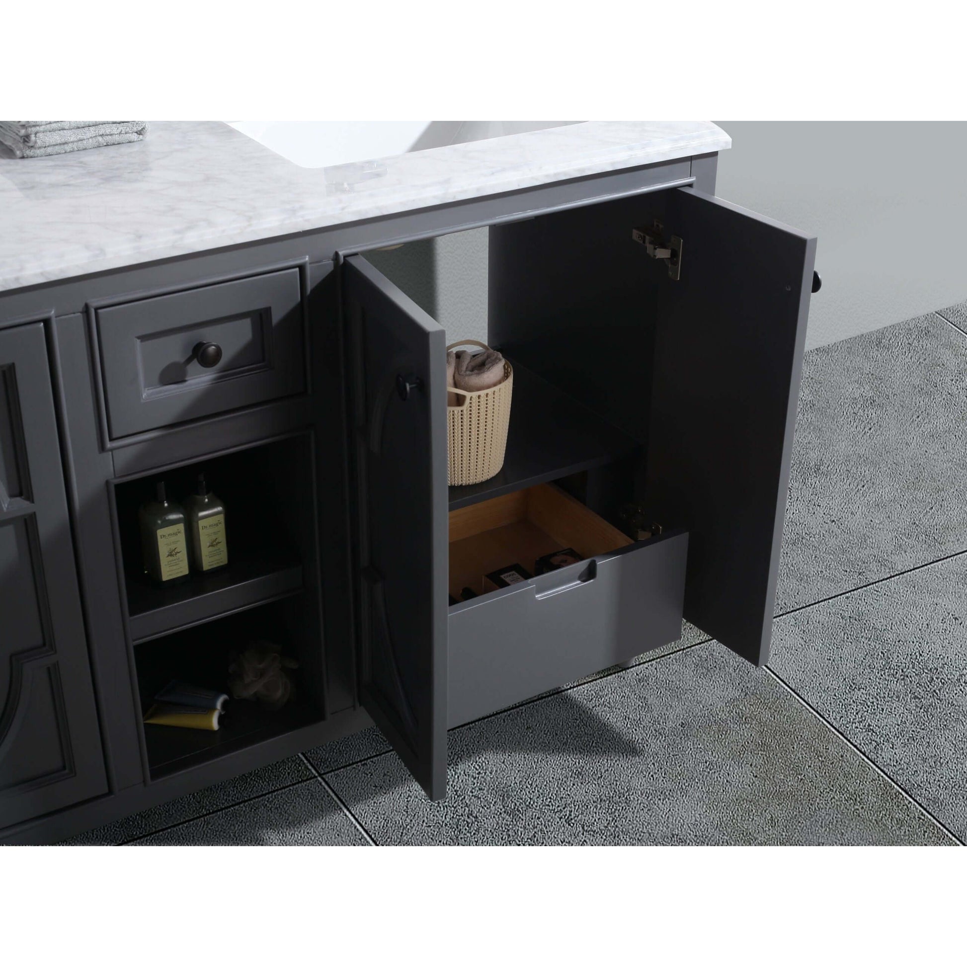 Odyssey 60" Maple Grey Double Sink Bathroom Vanity with Black Wood Marble Countertop - 313613-60G-BW