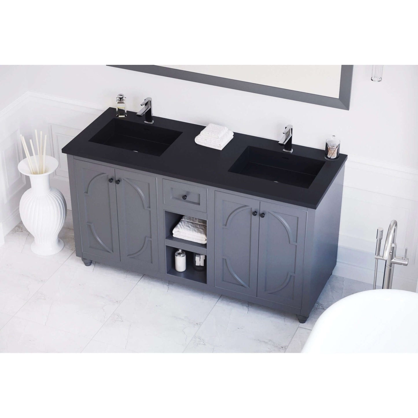 Odyssey 60" Maple Grey Double Sink Bathroom Vanity with Matte Black VIVA Stone Solid Surface Countertop - 313613-60G-MB