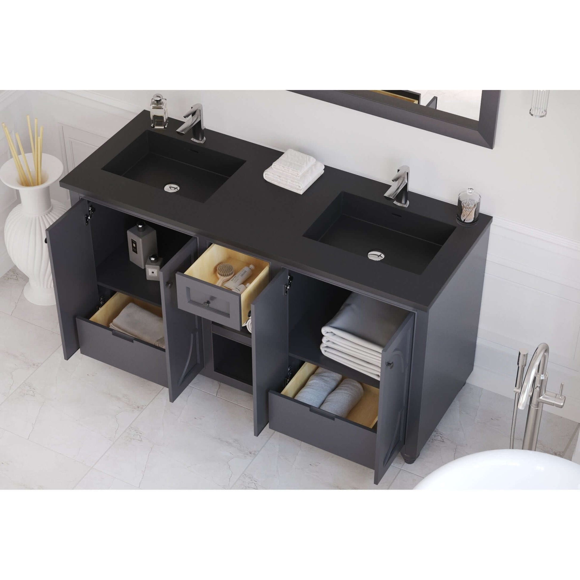 Odyssey 60" Maple Grey Double Sink Bathroom Vanity with Matte Black VIVA Stone Solid Surface Countertop - 313613-60G-MB