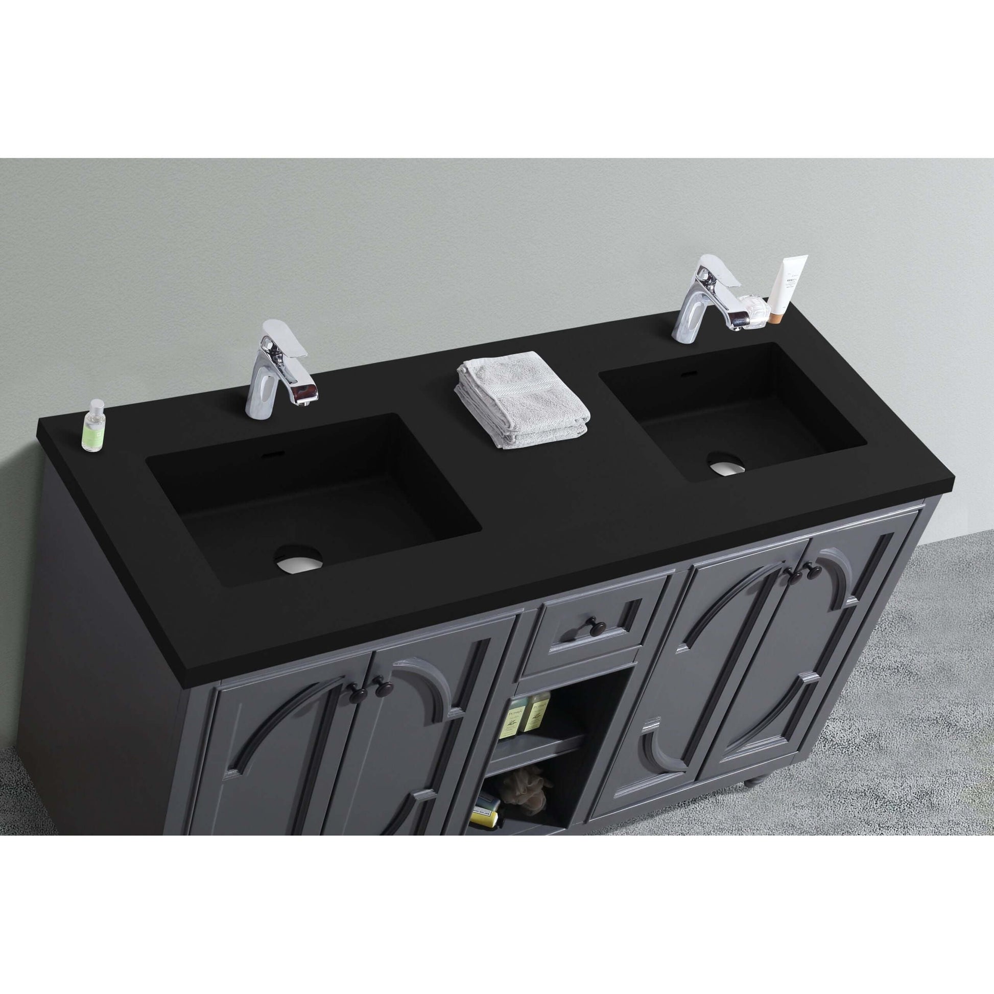 Odyssey 60" Maple Grey Double Sink Bathroom Vanity with Matte Black VIVA Stone Solid Surface Countertop - 313613-60G-MB