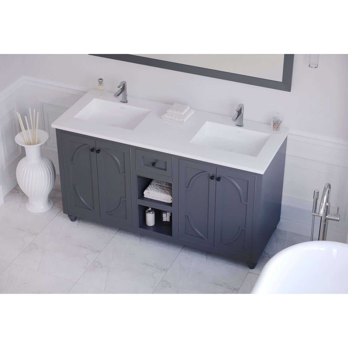 Odyssey 60" Maple Grey Double Sink Bathroom Vanity with Matte White VIVA Stone Solid Surface Countertop - 313613-60G-MW