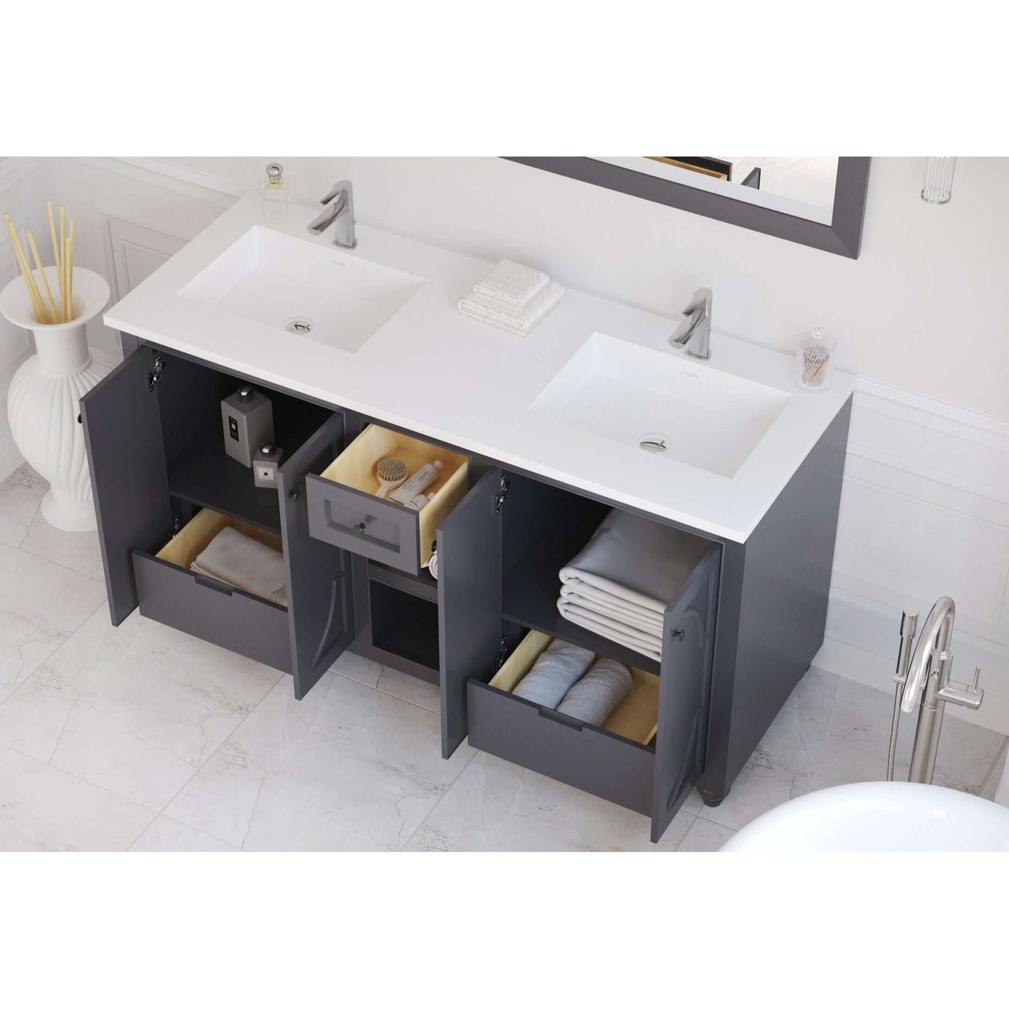 Odyssey 60" Maple Grey Double Sink Bathroom Vanity with Matte White VIVA Stone Solid Surface Countertop - 313613-60G-MW