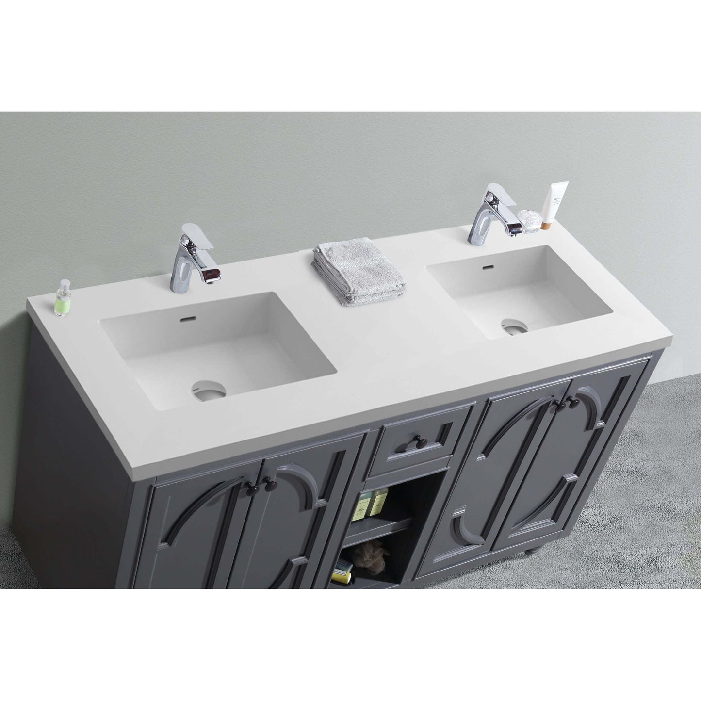 Odyssey 60" Maple Grey Double Sink Bathroom Vanity with Matte White VIVA Stone Solid Surface Countertop - 313613-60G-MW