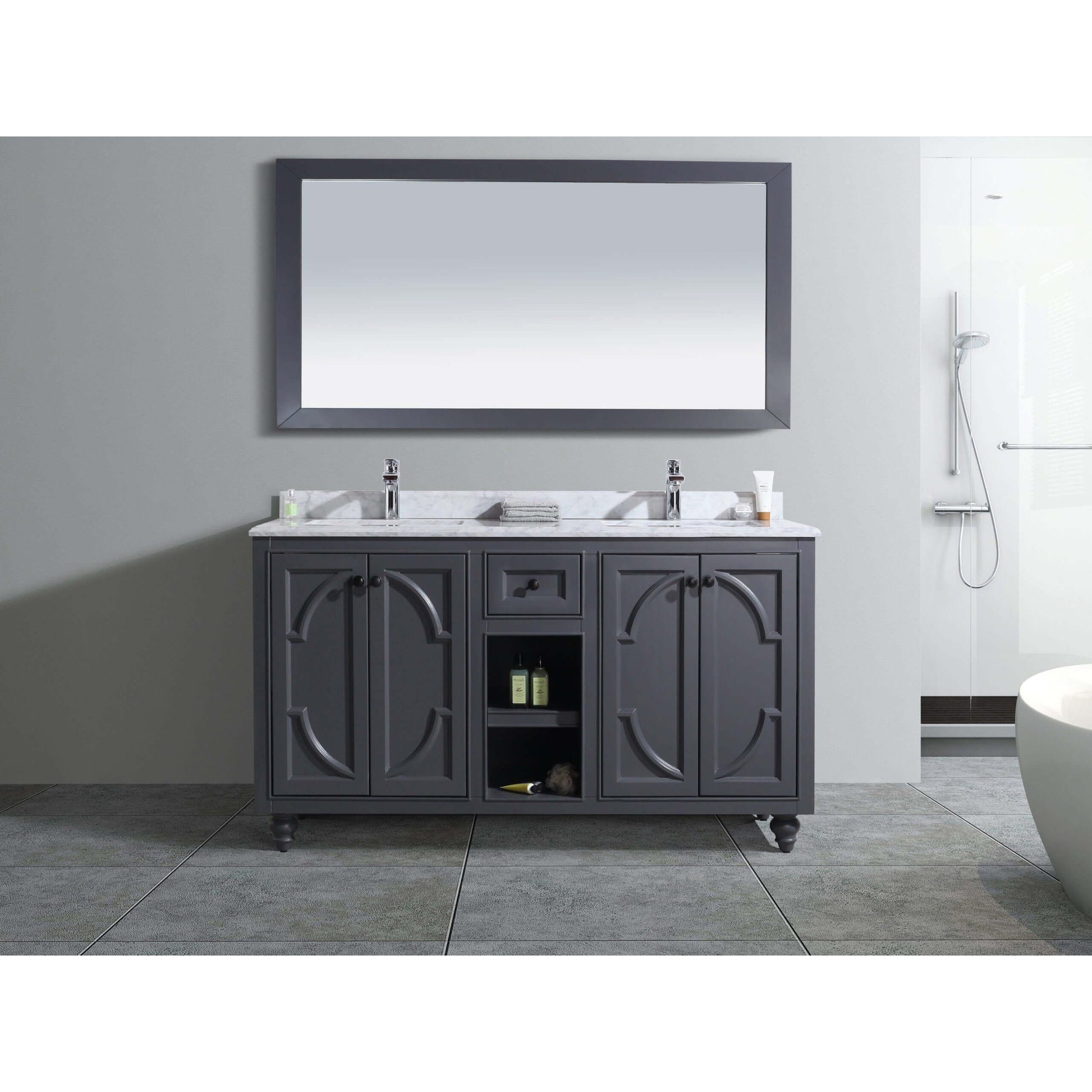 Odyssey 60" Maple Grey Double Sink Bathroom Vanity with White Carrara Marble Countertop - 313613-60G-WC