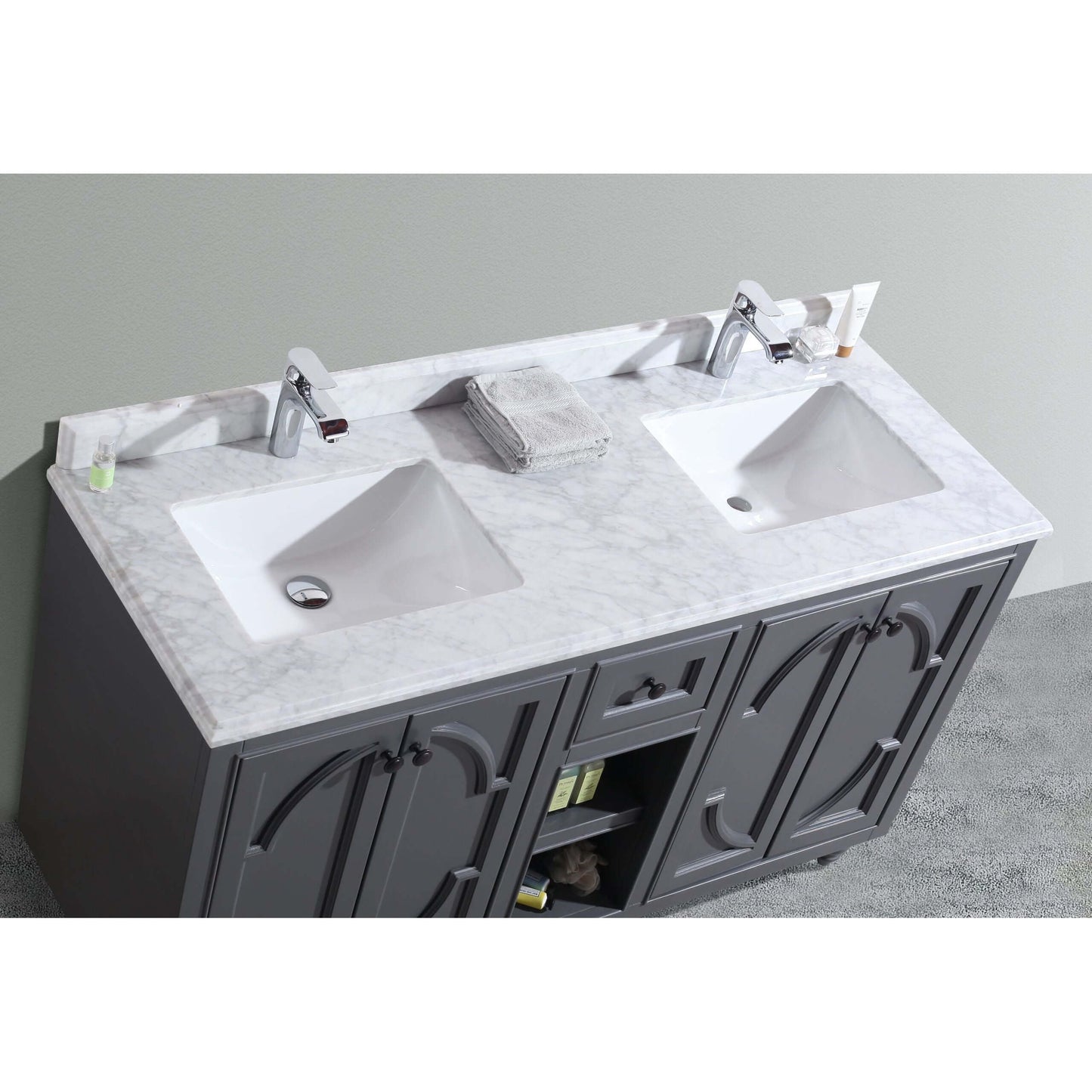 Odyssey 60" Maple Grey Double Sink Bathroom Vanity with White Carrara Marble Countertop - 313613-60G-WC