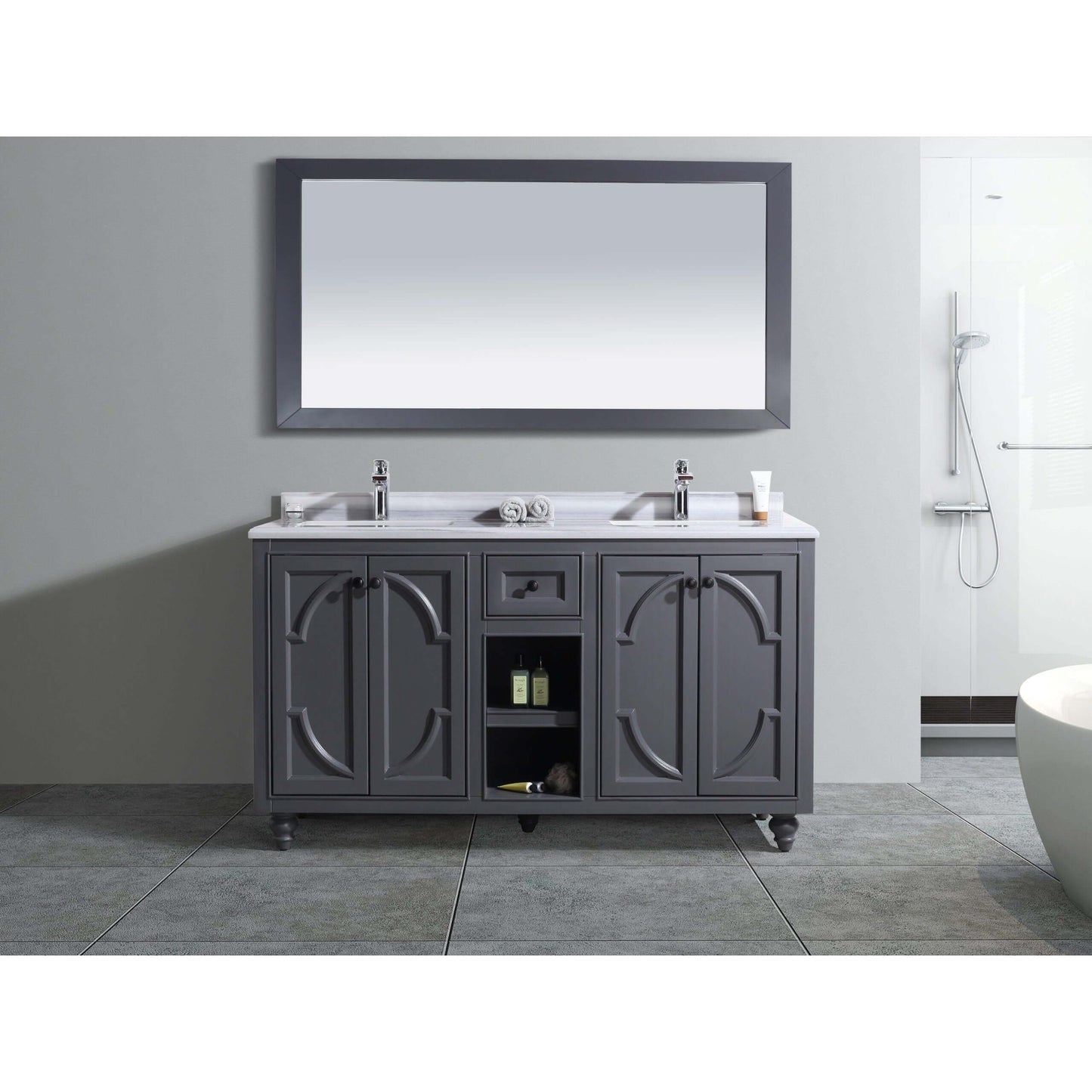 Odyssey 60" Maple Grey Double Sink Bathroom Vanity with White Stripes Marble Countertop - 313613-60G-WS