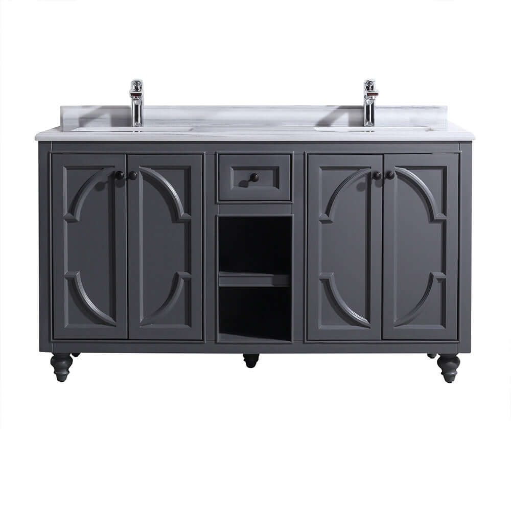 Odyssey 60" Maple Grey Double Sink Bathroom Vanity with White Stripes Marble Countertop - 313613-60G-WS