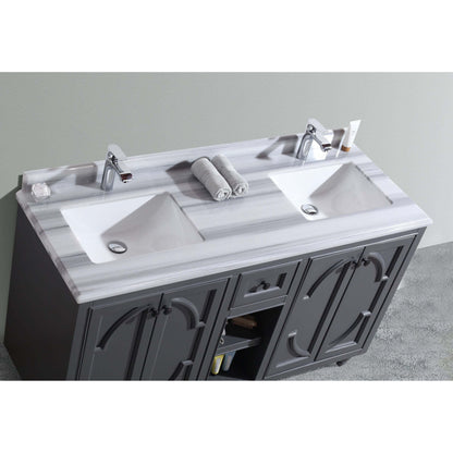 Odyssey 60" Maple Grey Double Sink Bathroom Vanity with White Stripes Marble Countertop - 313613-60G-WS