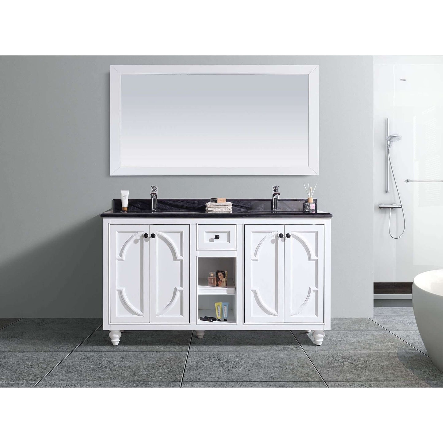 Odyssey 60" White Double Sink Bathroom Vanity with Black Wood Marble Countertop - 313613-60W-BW