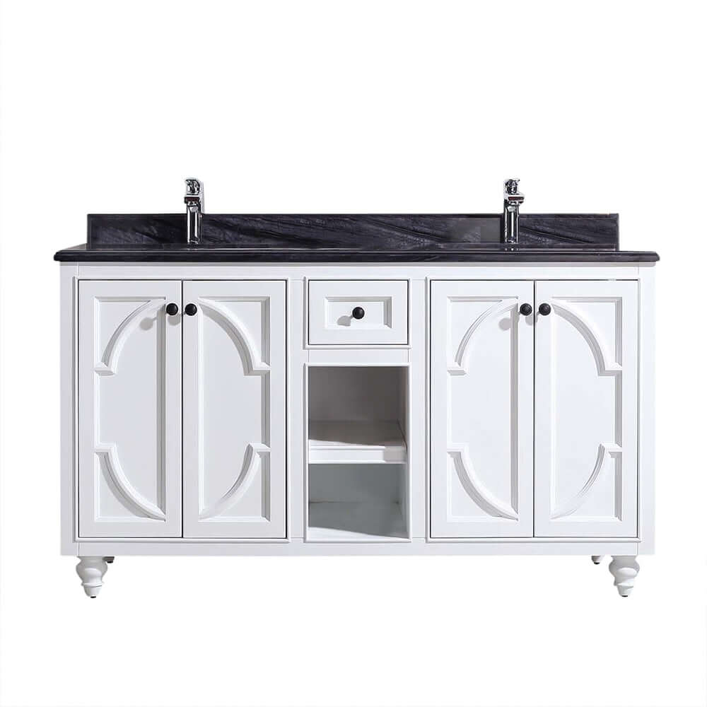 Odyssey 60" White Double Sink Bathroom Vanity with Black Wood Marble Countertop - 313613-60W-BW