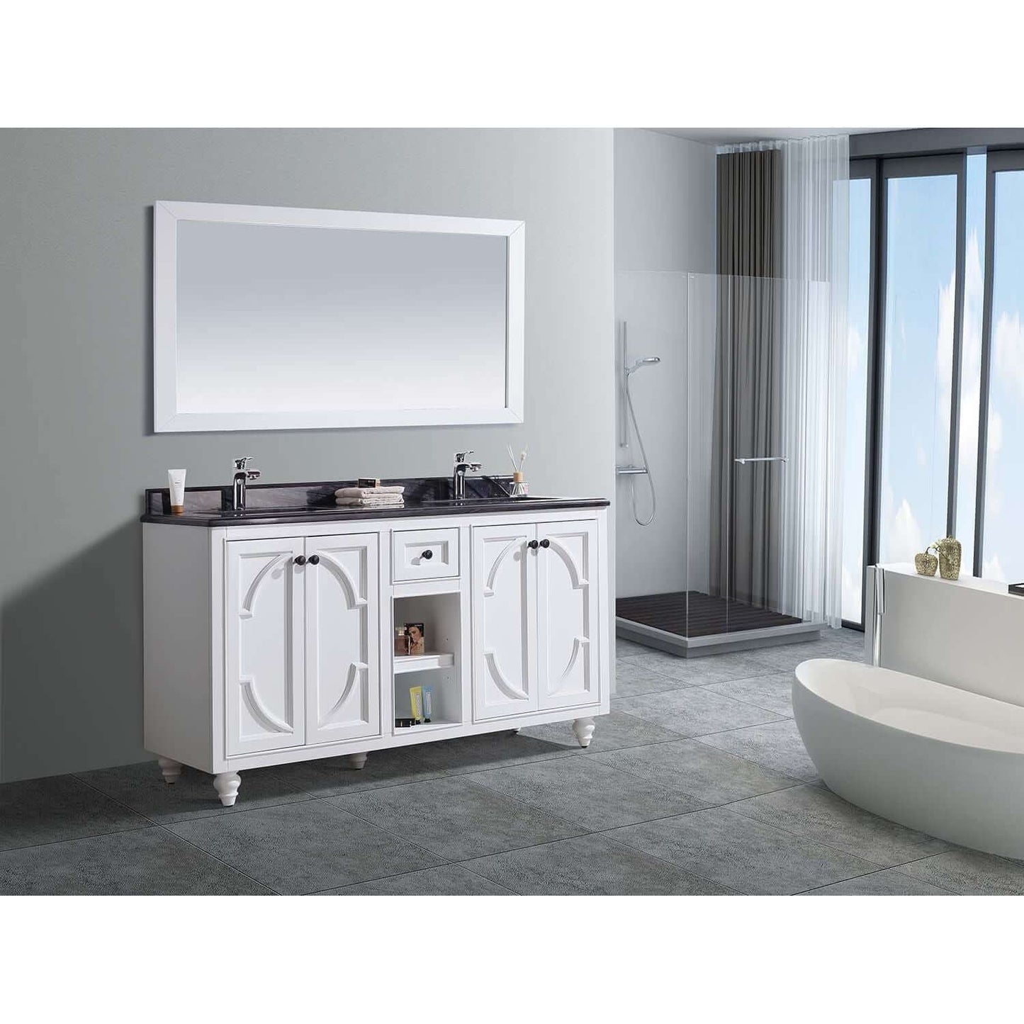 Odyssey 60" White Double Sink Bathroom Vanity with Black Wood Marble Countertop - 313613-60W-BW