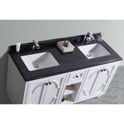 Odyssey 60" White Double Sink Bathroom Vanity with Black Wood Marble Countertop - 313613-60W-BW