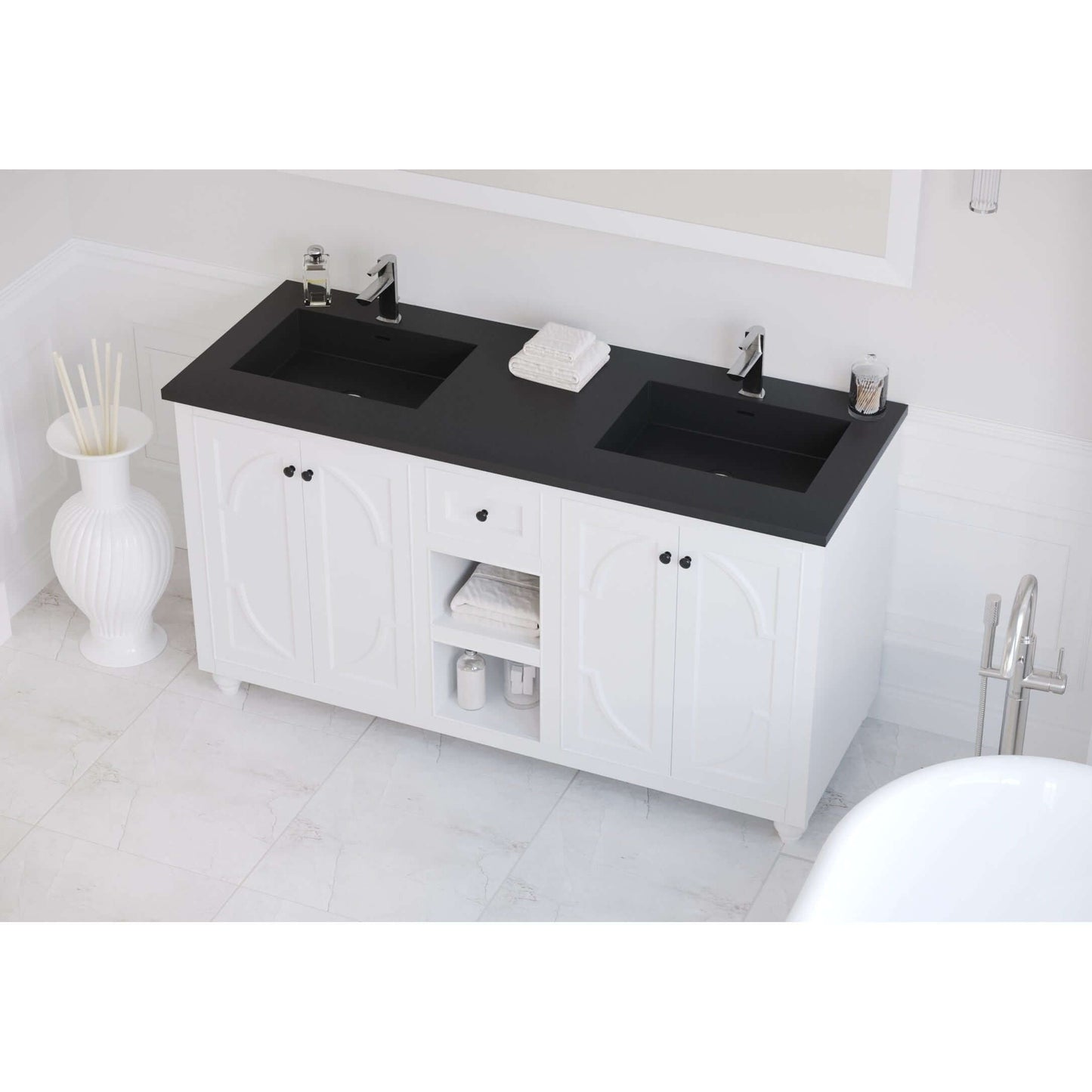 Odyssey 60" White Double Sink Bathroom Vanity with Matte Black VIVA Stone Solid Surface Countertop - 313613-60W-MB