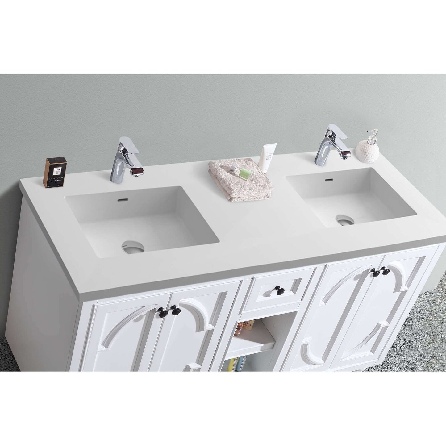 Odyssey 60" White Double Sink Bathroom Vanity with Matte White VIVA Stone Solid Surface Countertop - 313613-60W-MW