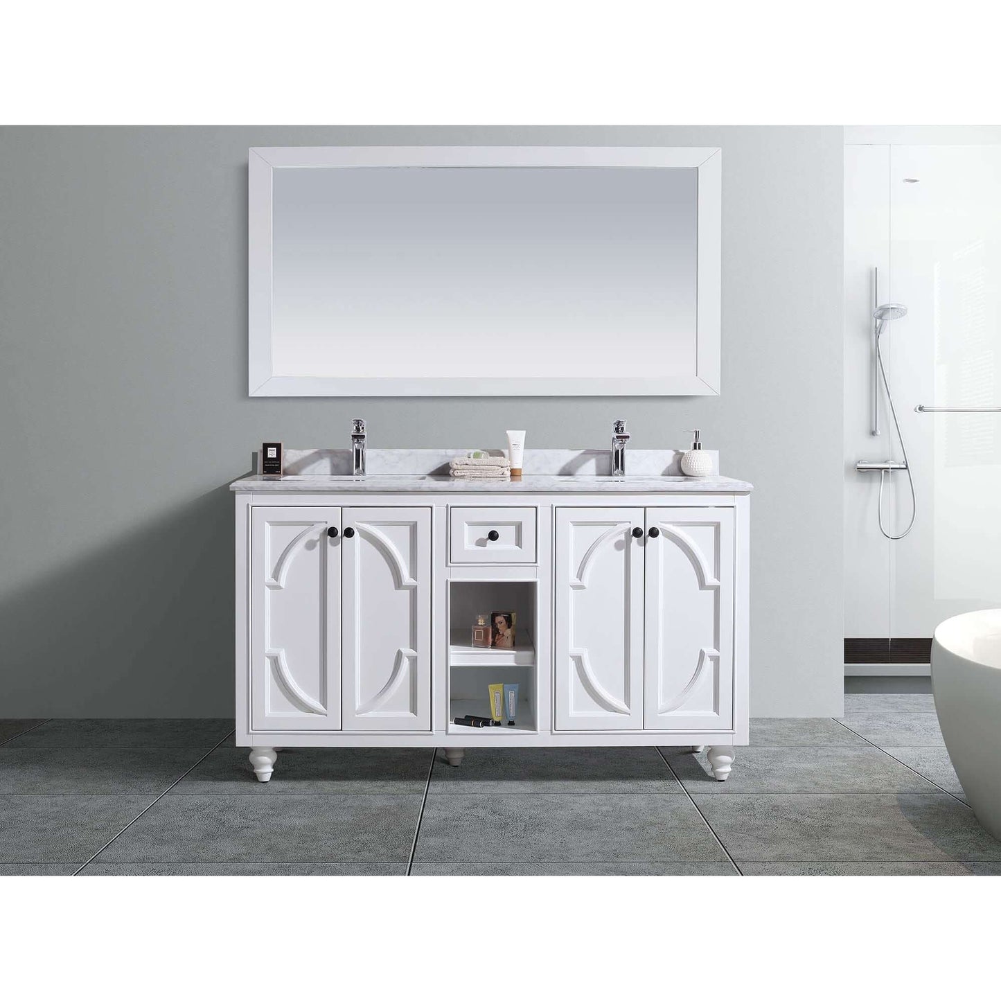 Odyssey 60" White Double Sink Bathroom Vanity with White Carrara Marble Countertop - 313613-60W-WC