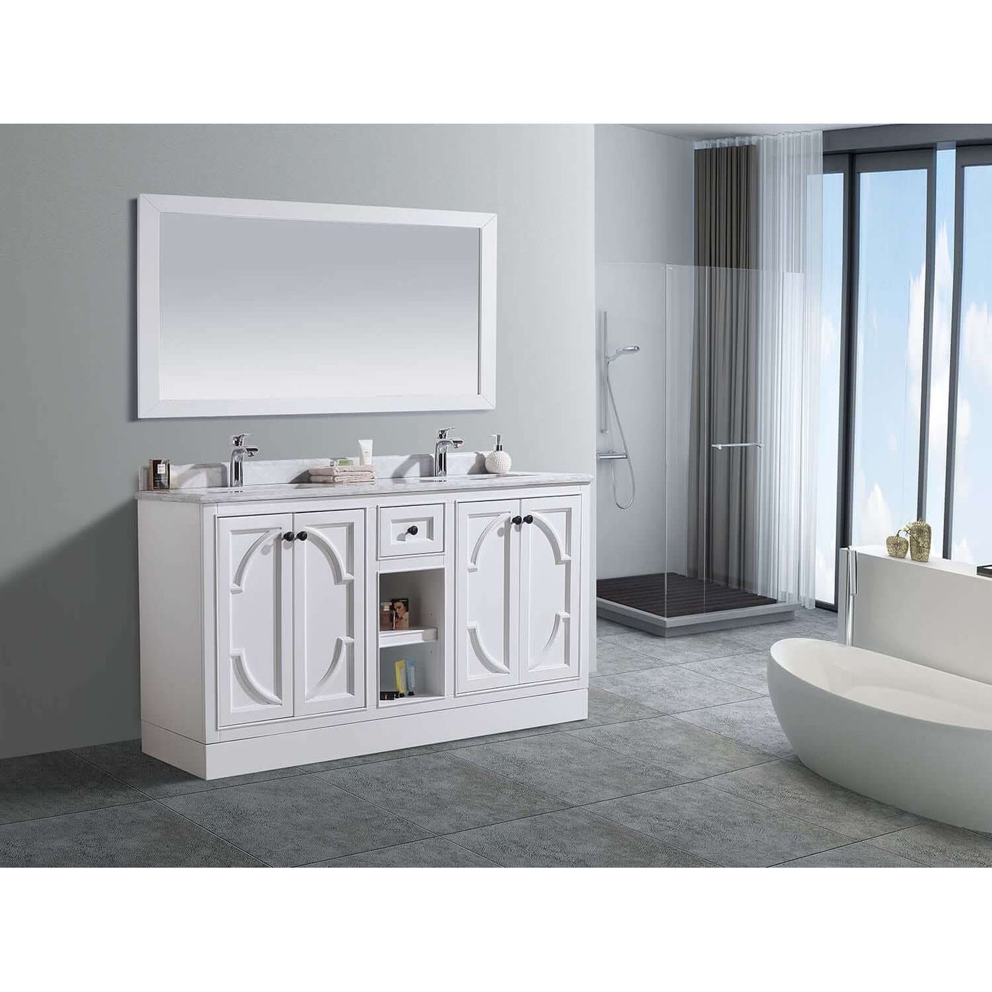 Odyssey 60" White Double Sink Bathroom Vanity with White Carrara Marble Countertop - 313613-60W-WC